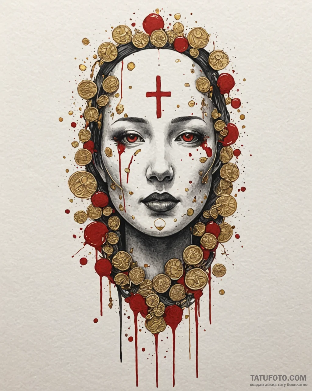 Tattoo sketch, no-face surrounded by gold coi... - эскиз тату (№1753452245_0, 25.07.2025 14:04) — Tatufoto.com