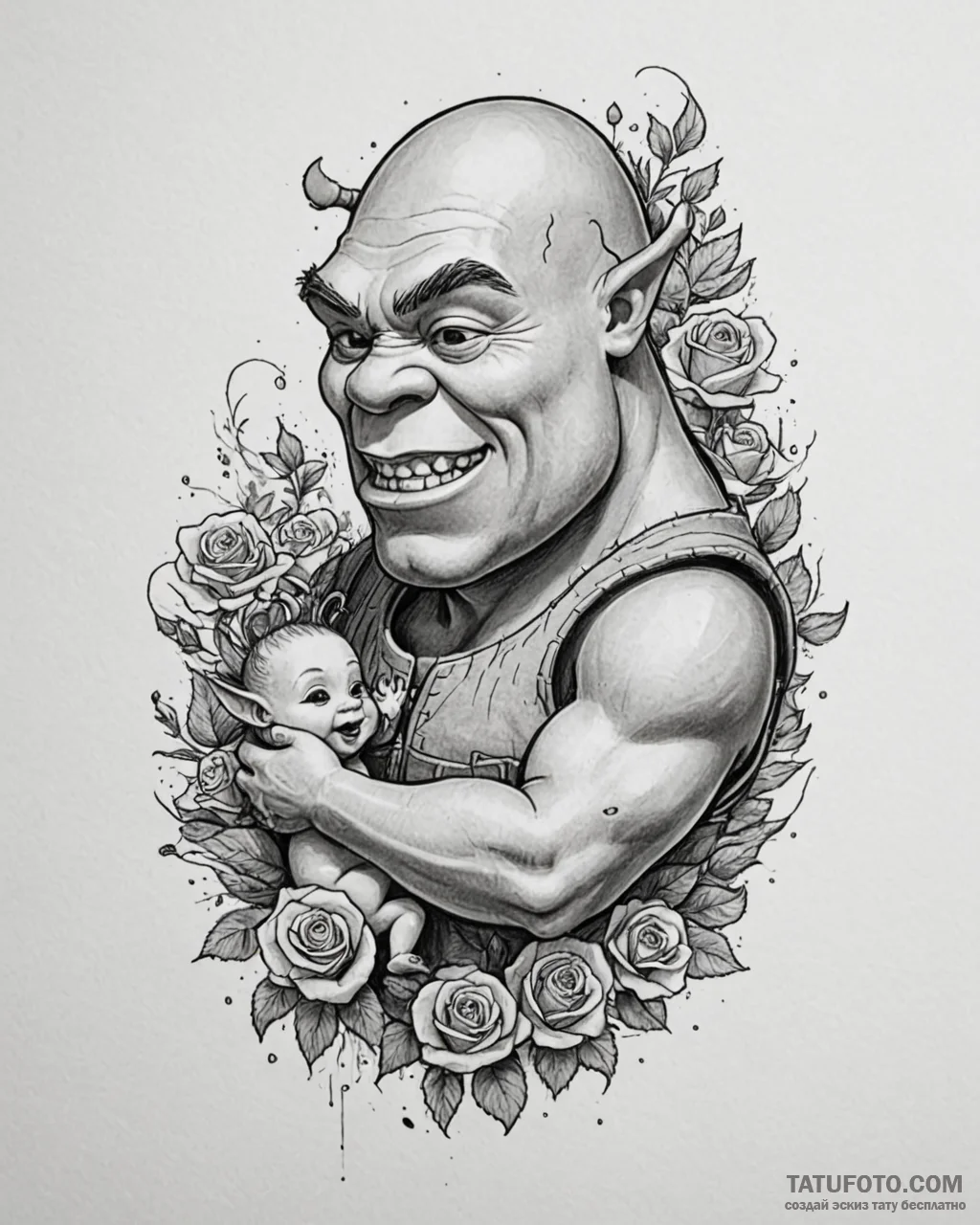 Eskizto, tattoo sketch, shrek with baby ogre,... - эскиз тату (№1753455399_0, 25.07.2025 14:56) — Tatufoto.com