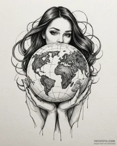 Tattoo sketch, luisa holding earth globe glow... - эскиз тату (№1753455595_0, 25.07.2025 14:59) — Tatufoto.com