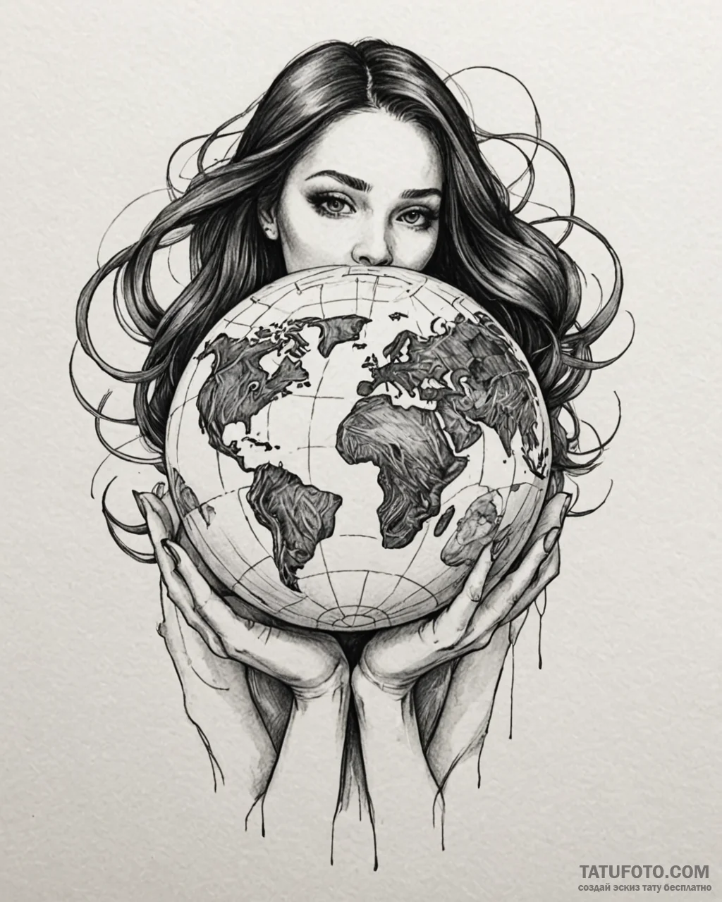 Tattoo sketch, luisa holding earth globe glow... - эскиз тату (№1753455595_0, 25.07.2025 14:59) — Tatufoto.com
