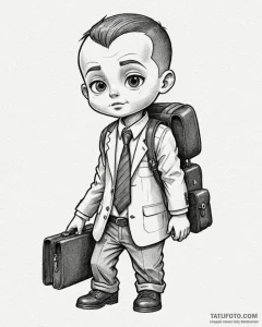Tattoo sketch, boss baby in suit holding brie... - эскиз тату (№1753456781_0, 25.07.2025 15:19) — Tatufoto.com