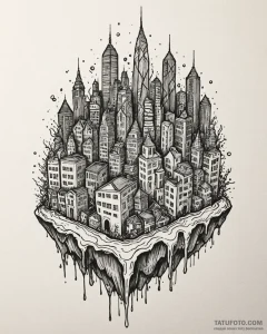 Tattoo sketch, abstract cityscape melting, su... - эскиз тату (№1753457575_0, 25.07.2025 15:32) — Tatufoto.com
