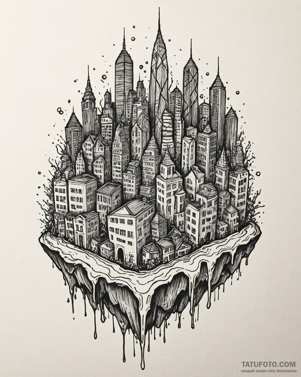 Tattoo sketch, abstract cityscape melting, su... - эскиз тату (№1753457575_0, 25.07.2025 15:32) — Tatufoto.com