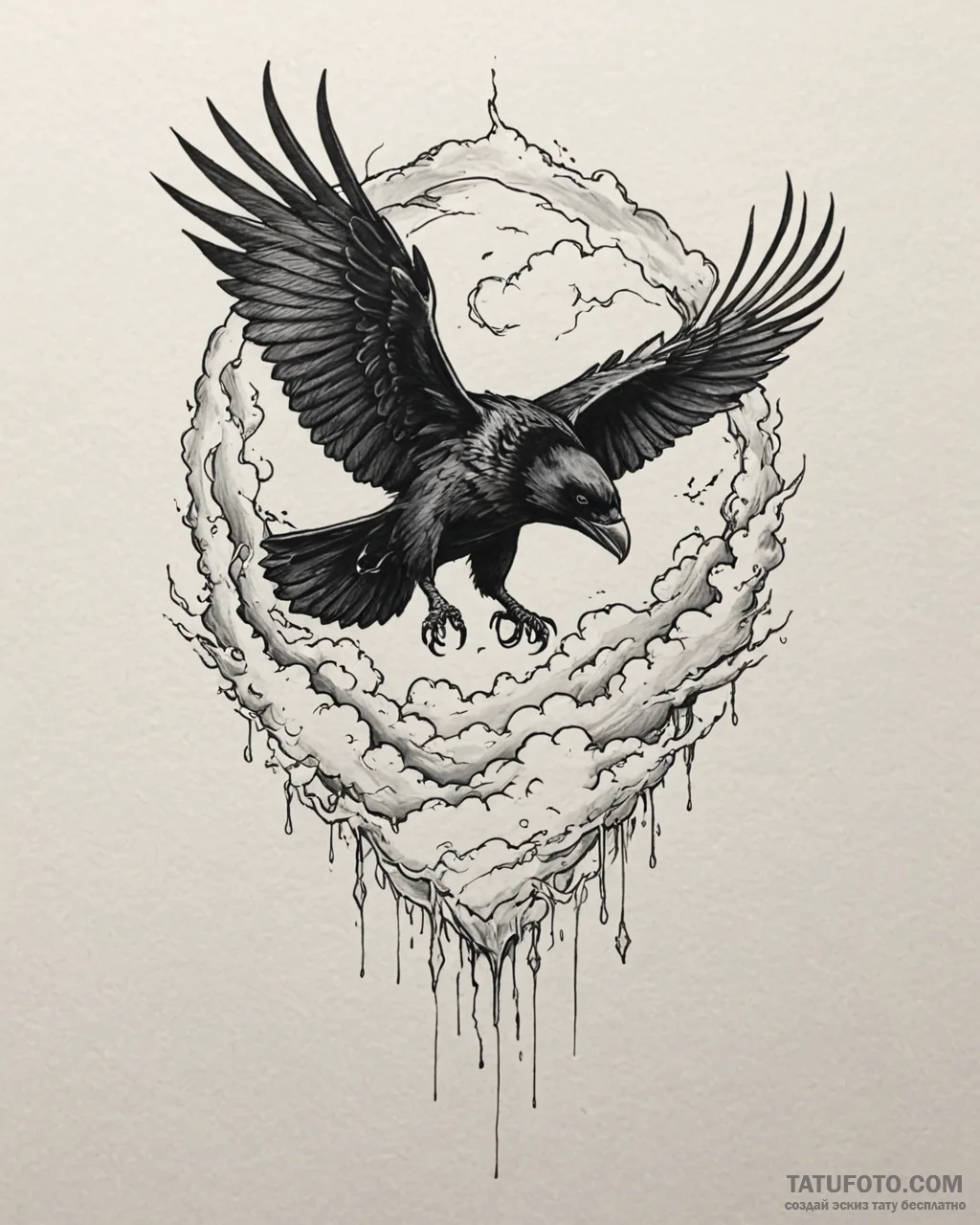 Tattoo sketch, raven flying through storm clo... - эскиз тату (№1753457773_0, 25.07.2025 15:36) — Tatufoto.com