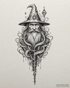 Tattoo sketch, ornate wizard’s staff topped w... - эскиз тату (№1753460164_0, 25.07.2025 16:16) — Tatufoto.com