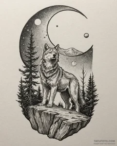 Tat tattoo sketch, lone wolf standing on clif... - эскиз тату (№1753460374_0, 25.07.2025 16:19) — Tatufoto.com