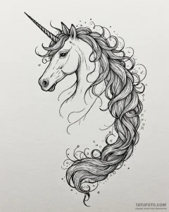 Tattoo sketch, unicorn with flowing mane and... - эскиз тату (№1753466630_0, 25.07.2025 18:03) — Tatufoto.com
