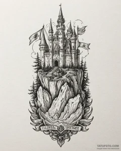 Tat tattoo sketch, towering castle with flutt... - эскиз тату (№1753469437_0, 25.07.2025 18:50) — Tatufoto.com