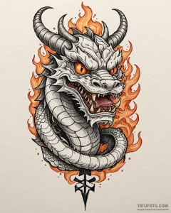 Tattoo sketch, mushu head close-up with fiery... - эскиз тату (№1753476483_0, 25.07.2025 20:48) — Tatufoto.com
