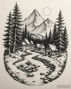 Tattoo sketch, smurf village landscape with r... - эскиз тату (№1753476685_0, 25.07.2025 20:51) — Tatufoto.com