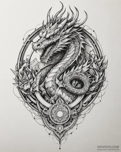 Tattoo sketch, dragon with fiery breath curli... - эскиз тату (№1753480066_0, 25.07.2025 21:47) — Tatufoto.com