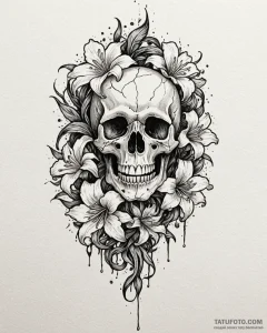 Tat tattoo sketch, skull with blooming lilies... - эскиз тату (№1753485588_0, 25.07.2025 23:19) — Tatufoto.com
