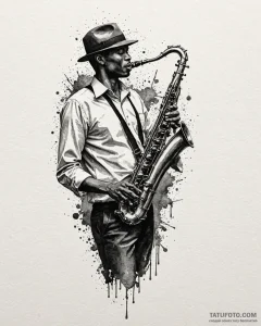 Tattoo sketch, jazz saxophone player silhouet... - эскиз тату (№1753486176_0, 25.07.2025 23:29) — Tatufoto.com
