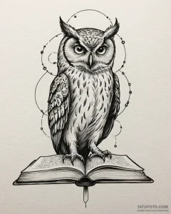 Tattoo sketch, owl perched on ancient book wi... - эскиз тату (№1753486373_0, 25.07.2025 23:32) — Tatufoto.com
