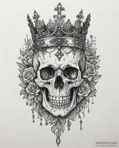Tattoo sketch, skull wearing ornate crown wit... - эскиз тату (№1753492656_0, 26.07.2025 01:17) — Tatufoto.com
