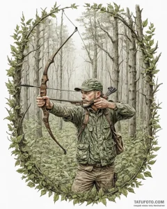 Tattoo sketch, hunter aiming bow in dense for... - эскиз тату (№1753495884_0, 26.07.2025 02:11) — Tatufoto.com
