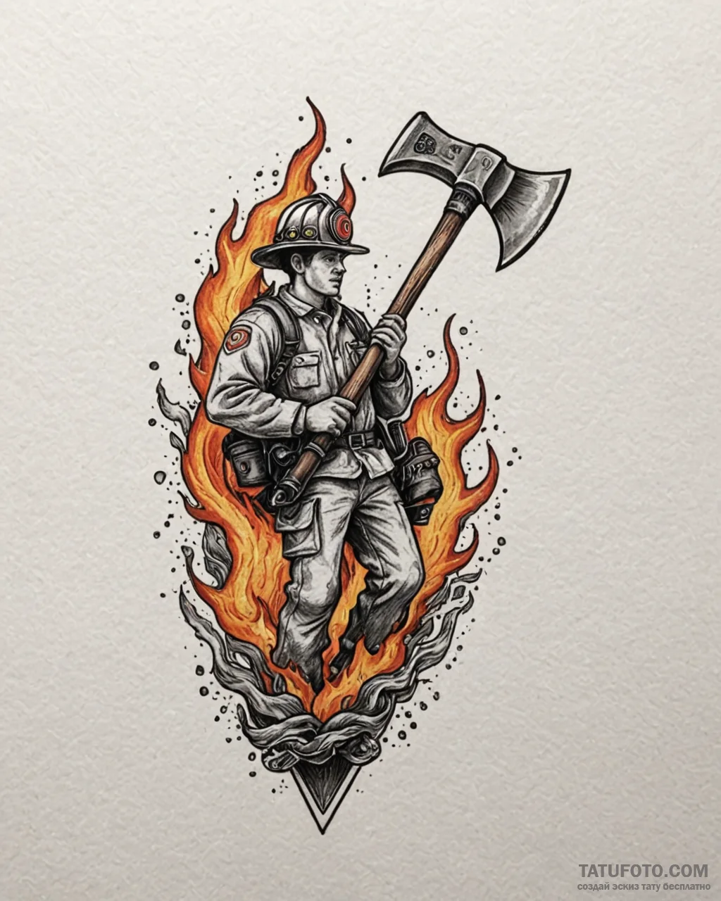 Tat tattoo sketch, firefighter’s axe with fla... - эскиз тату (№1753555815_0, 26.07.2025 18:50) — Tatufoto.com