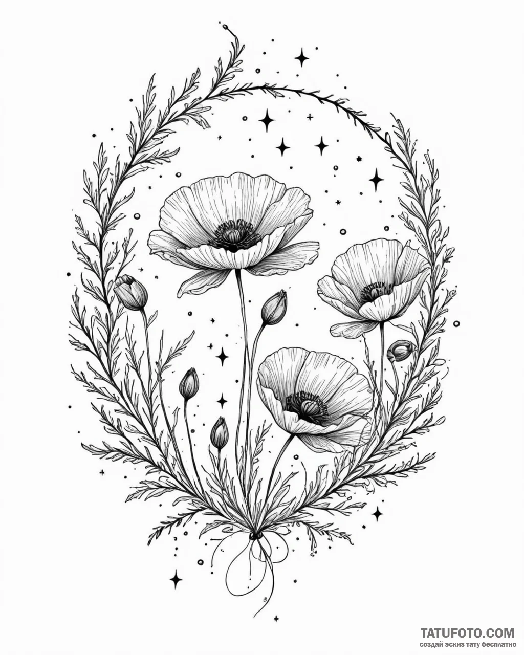 Tat tattoo sketch, branch and poppy surrounde... - эскиз тату (№1753556010_0, 26.07.2025 18:53) — Tatufoto.com