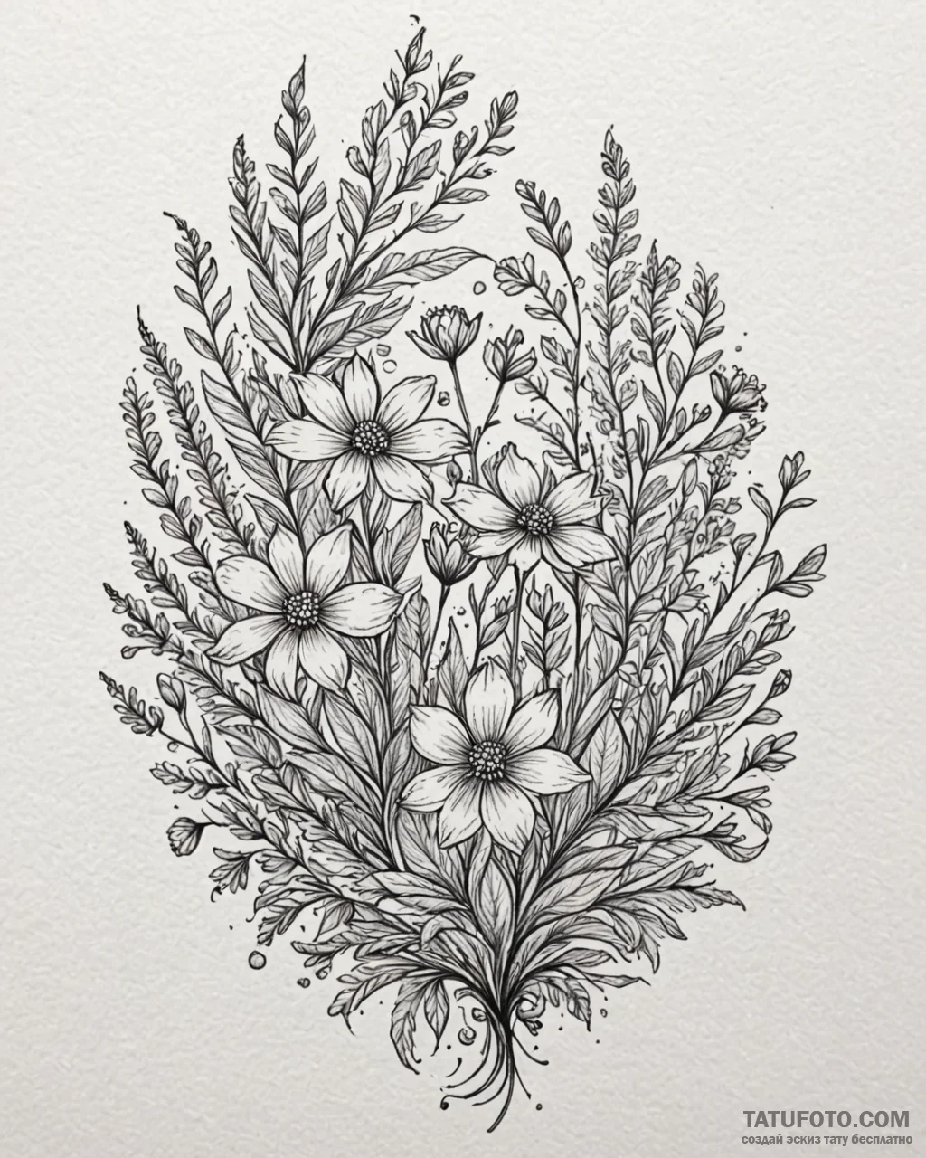 Tat tattoo sketch, meadow wildflowers in soft... - эскиз тату (№1753556632_0, 26.07.2025 19:03) — Tatufoto.com
