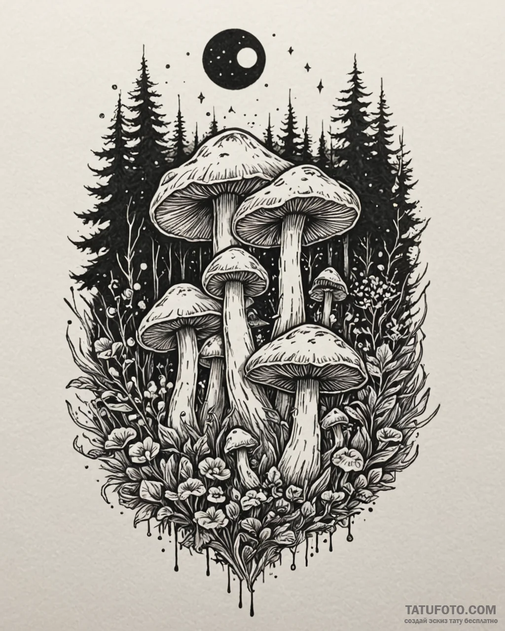Tat tattoo sketch, glowing magical mushrooms... - эскиз тату (№1753557244_0, 26.07.2025 19:14) — Tatufoto.com