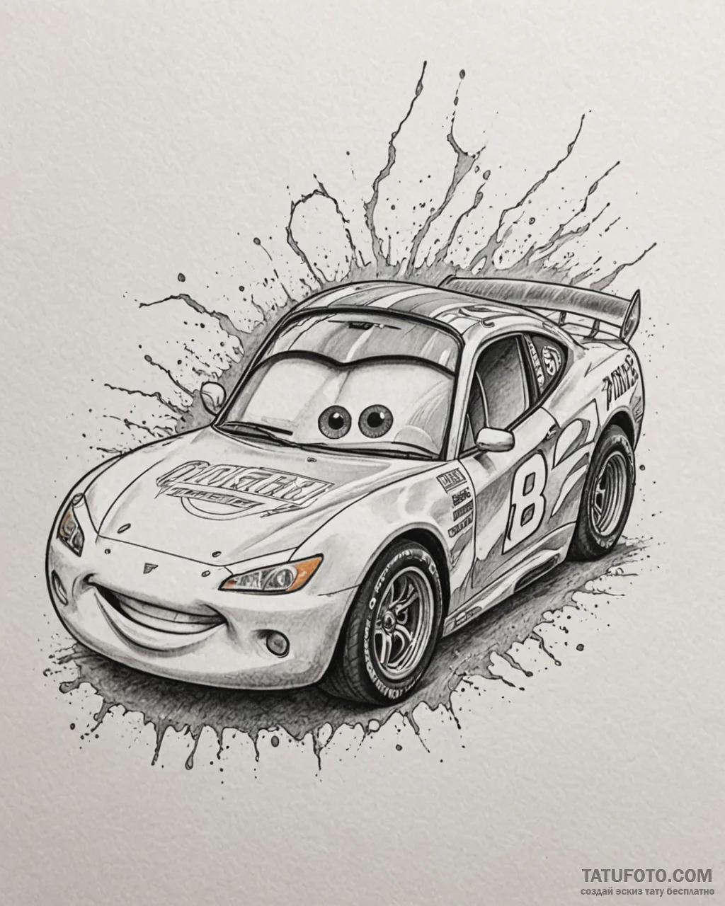 Tattoo sketch, lightning mcqueen close-up wit... - эскиз тату (№1753557638_0, 26.07.2025 19:20) — Tatufoto.com