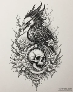 Tattoo sketch, raven perched on ancient skull... - эскиз тату (№1753559417_0, 26.07.2025 19:50) — Tatufoto.com