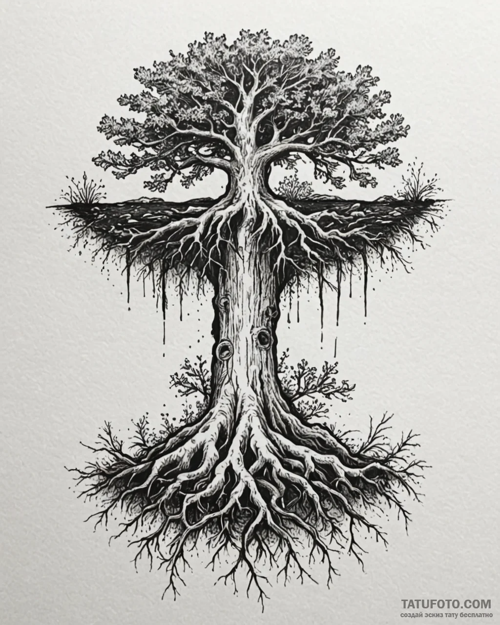 Tattoo sketch, ancient oak roots sprawling in... - эскиз тату (№1753560806_0, 26.07.2025 20:13) — Tatufoto.com