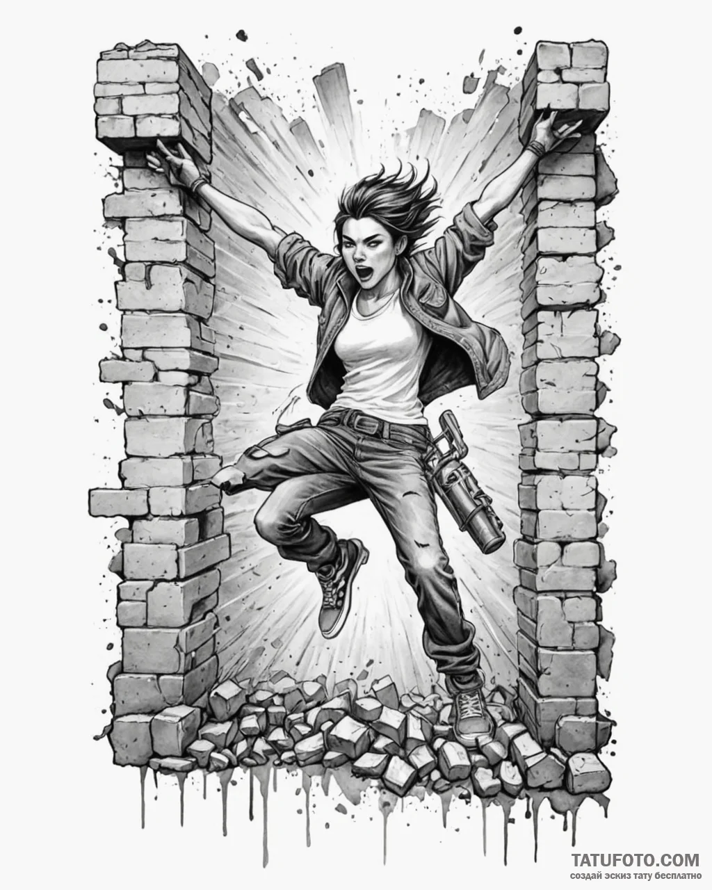 Tat tattoo sketch, rebel breaking through bri... - эскиз тату (№1753562032_0, 26.07.2025 20:33) — Tatufoto.com