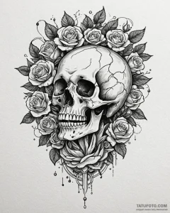 Tattoo sketch, human skull with blooming rose... - эскиз тату (№1753562639_0, 26.07.2025 20:43) — Tatufoto.com