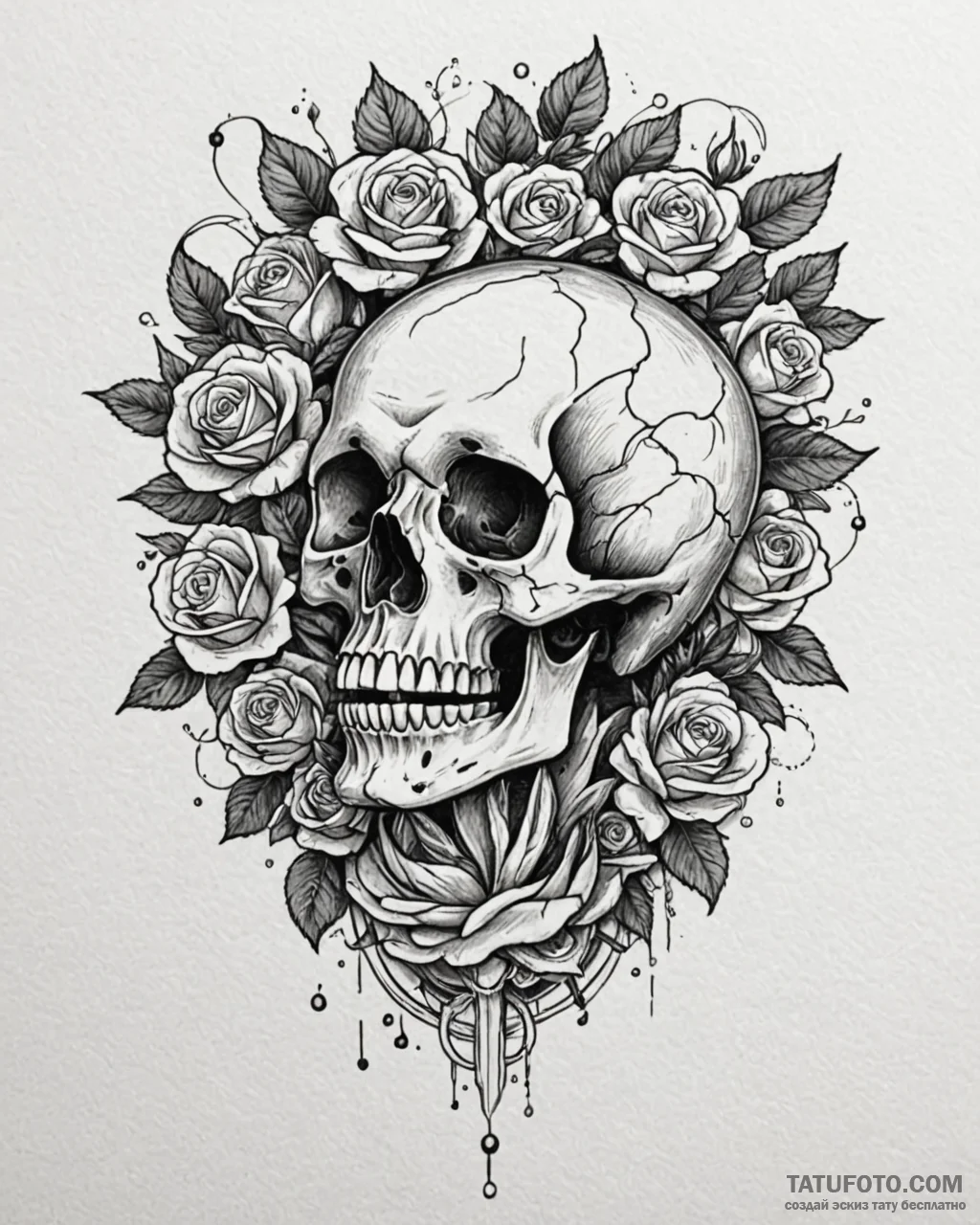 Tattoo sketch, human skull with blooming rose... - эскиз тату (№1753562639_0, 26.07.2025 20:43) — Tatufoto.com