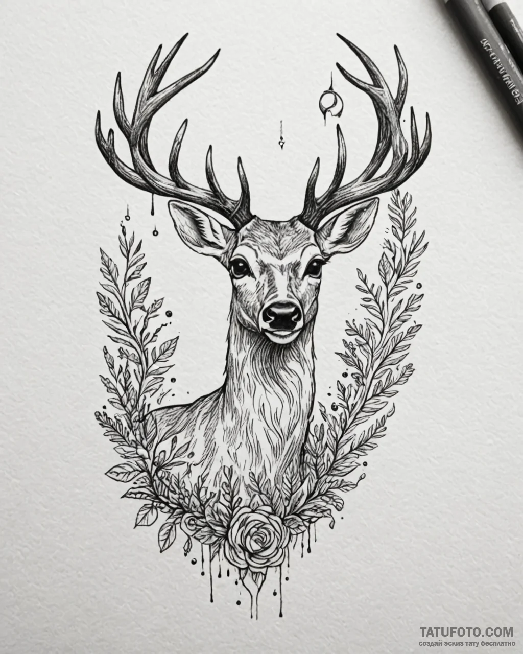 Tattoo sketch, bambi with ethereal glowing ey... - эскиз тату (№1753564436_0, 26.07.2025 21:13) — Tatufoto.com