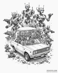 Tattoo sketch, katie and rick driving car sur... - эскиз тату (№1753566036_0, 26.07.2025 21:40) — Tatufoto.com