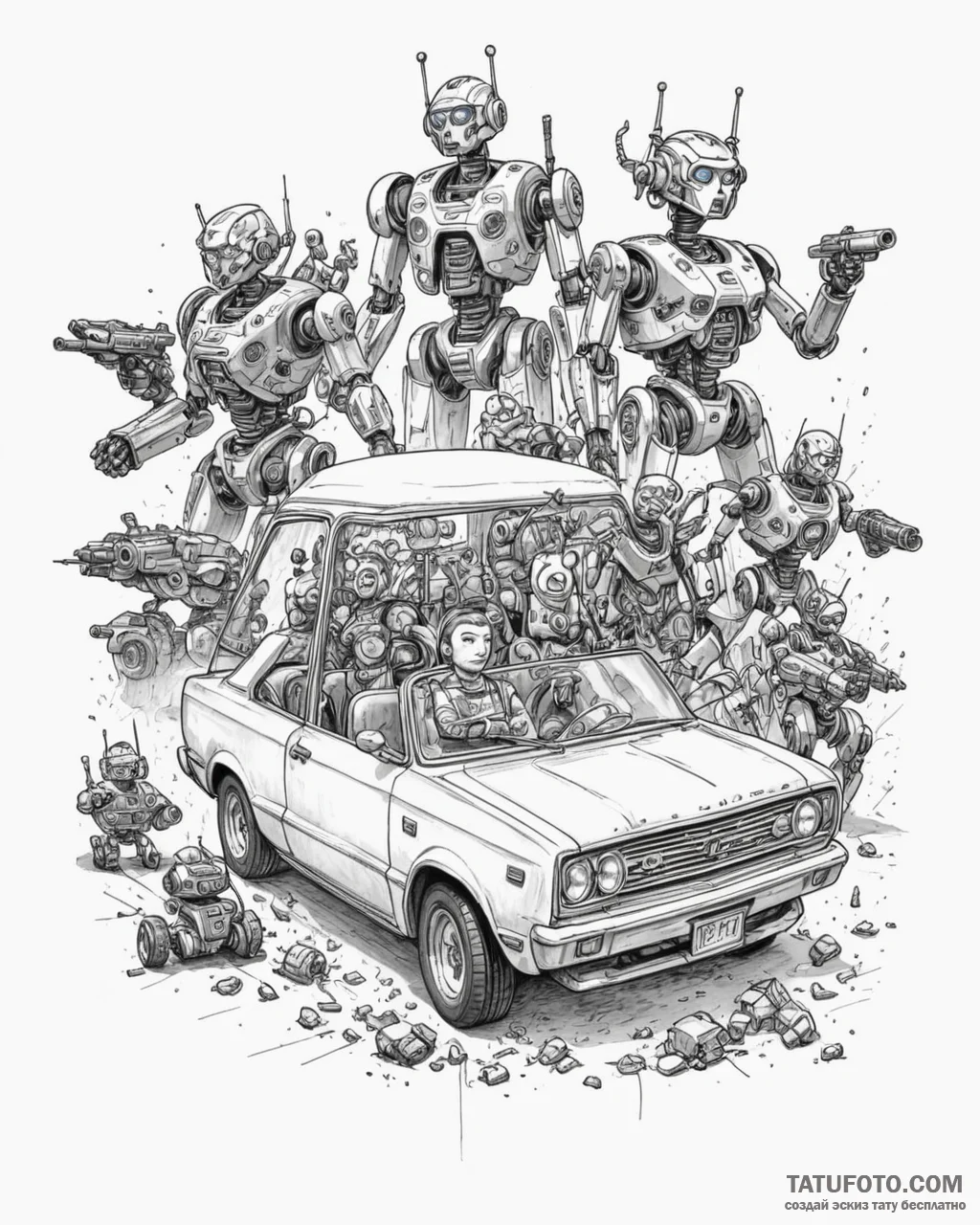 Tattoo sketch, katie and rick driving car sur... - эскиз тату (№1753566036_0, 26.07.2025 21:40) — Tatufoto.com