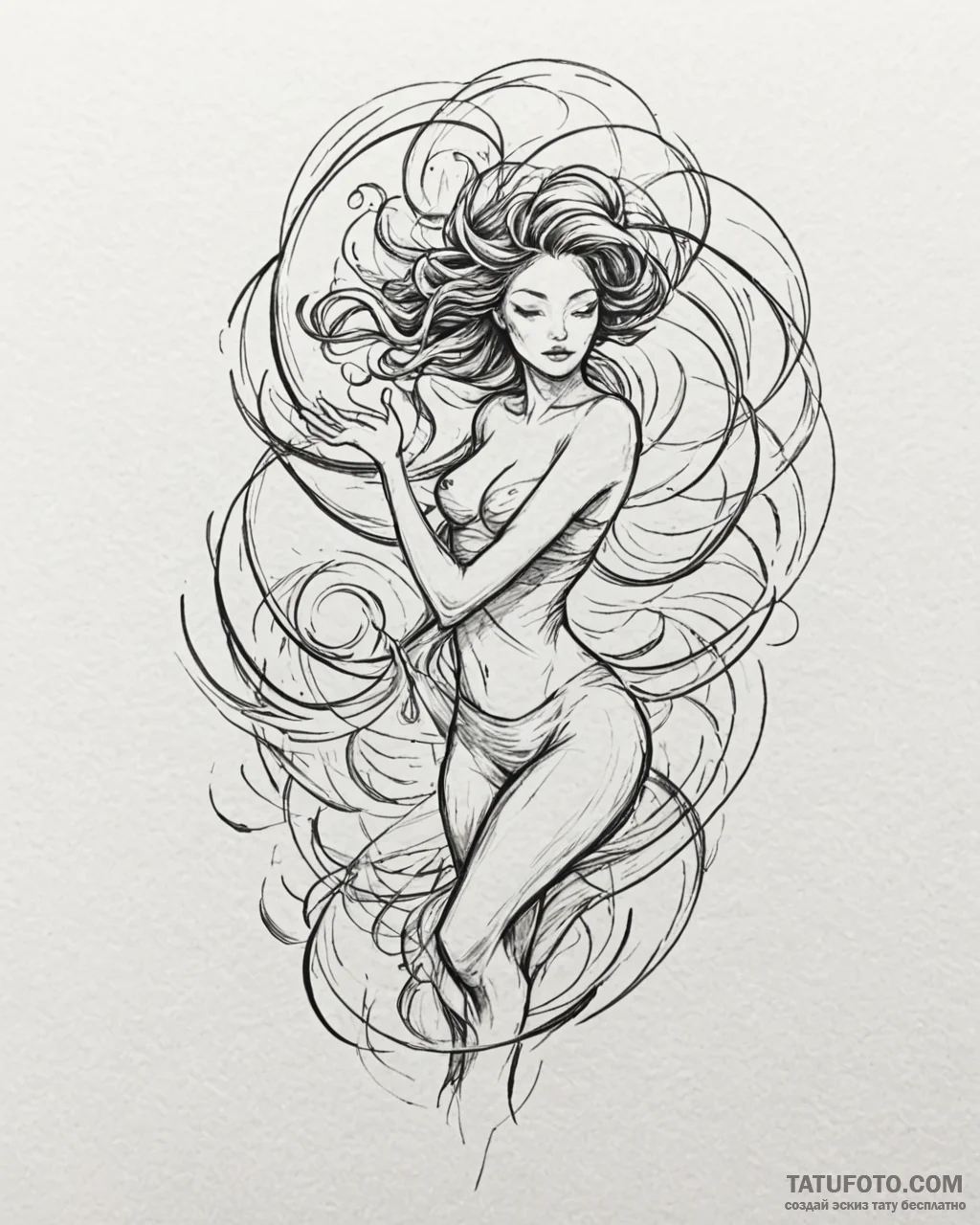 Tattoo sketch, spirit with wind swirling arou... - эскиз тату (№1753566238_0, 26.07.2025 21:43) — Tatufoto.com