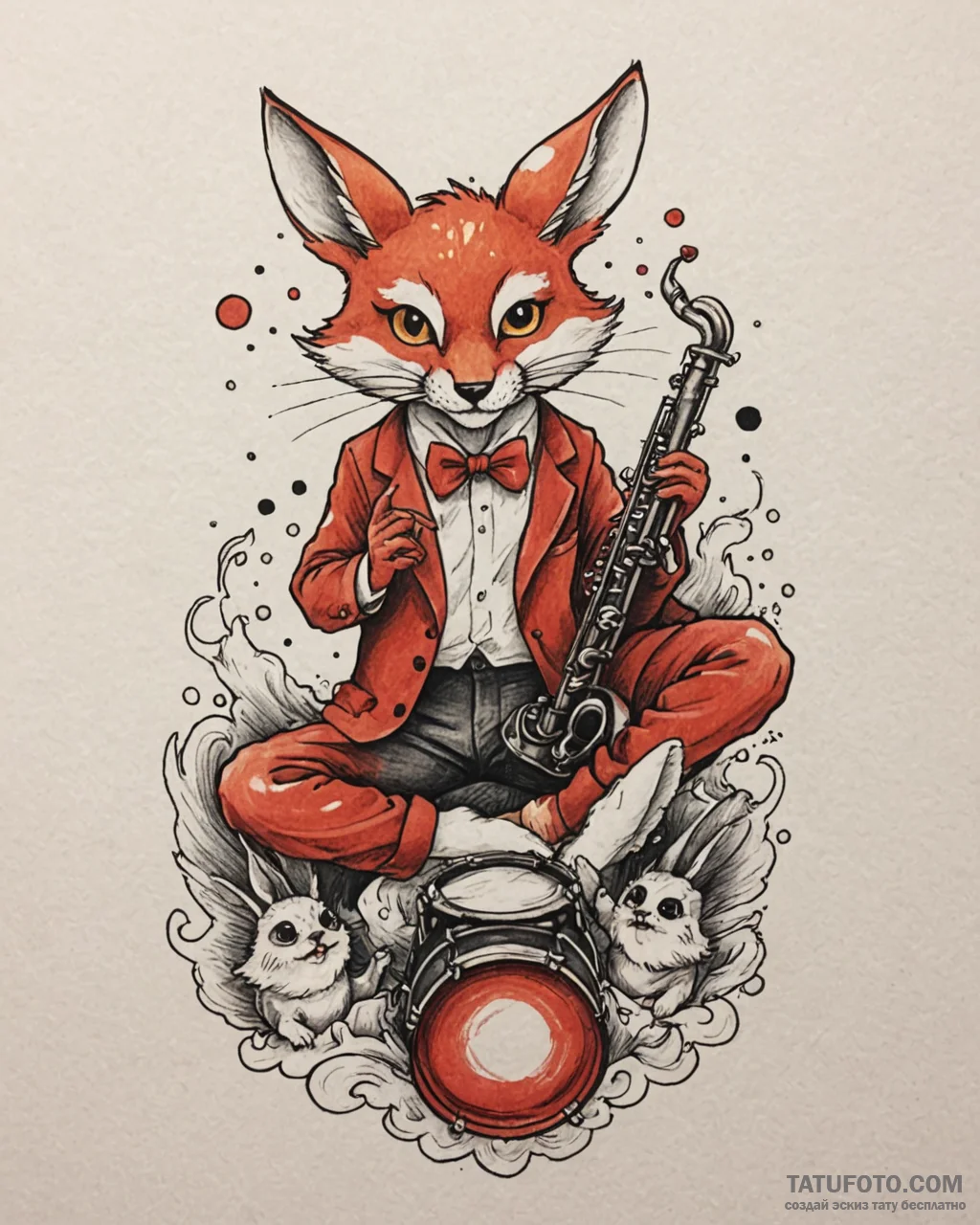 Tattoo sketch, cartoon music animals playing... - эскиз тату (№1753566863_0, 26.07.2025 21:54) — Tatufoto.com