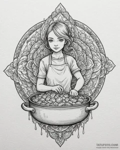 Tattoo sketch, rustic cook stirring a large p... - эскиз тату (№1753567464_0, 26.07.2025 22:04) — Tatufoto.com
