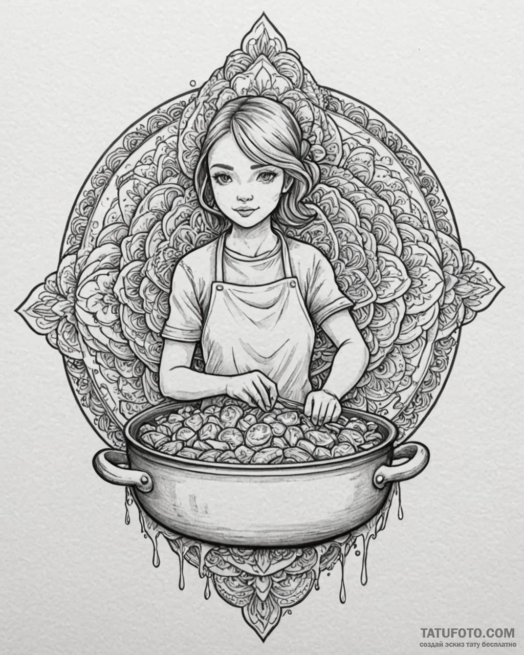 Tattoo sketch, rustic cook stirring a large p... - эскиз тату (№1753567464_0, 26.07.2025 22:04) — Tatufoto.com