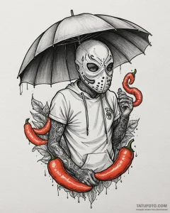Tattoo sketch, paprika with mask and umbrella... - эскиз тату (№1753571686_0, 26.07.2025 23:14) — Tatufoto.com