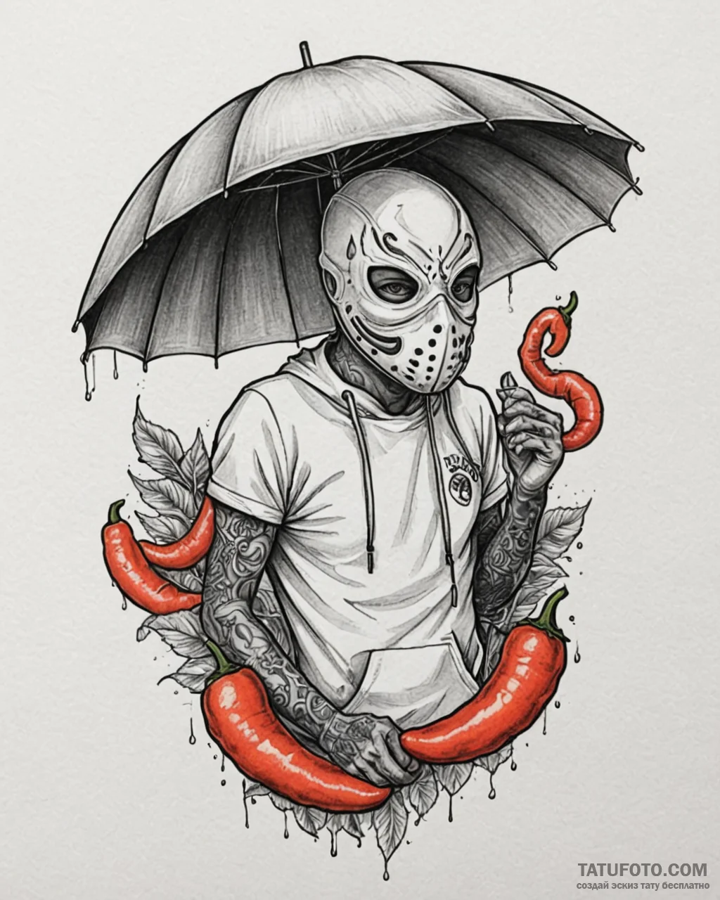 Tattoo sketch, paprika with mask and umbrella... - эскиз тату (№1753571686_0, 26.07.2025 23:14) — Tatufoto.com