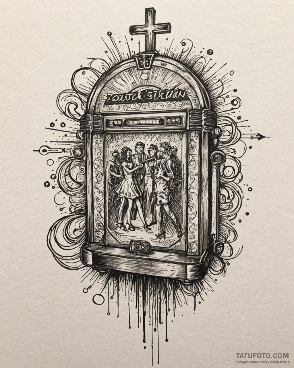 Tat tattoo sketch, retro jukebox with neon li… — эскиз тату (№1753572286_0, 26.07.2025 23:24) — Tatufoto.com