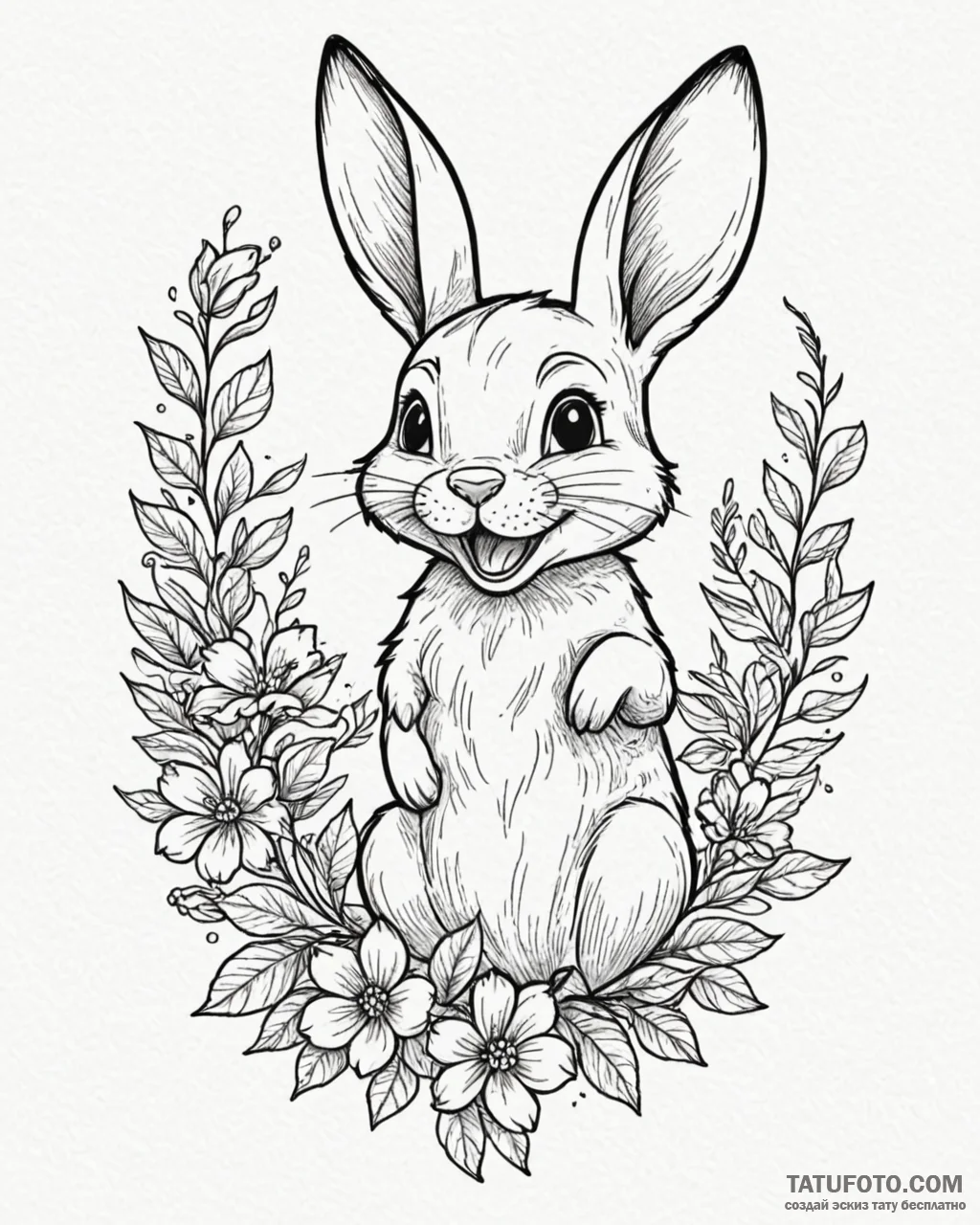 Tattoo sketch, thumper laughing with flowers,… — эскиз тату (№1753573919_0, 26.07.2025 23:51) — Tatufoto.com