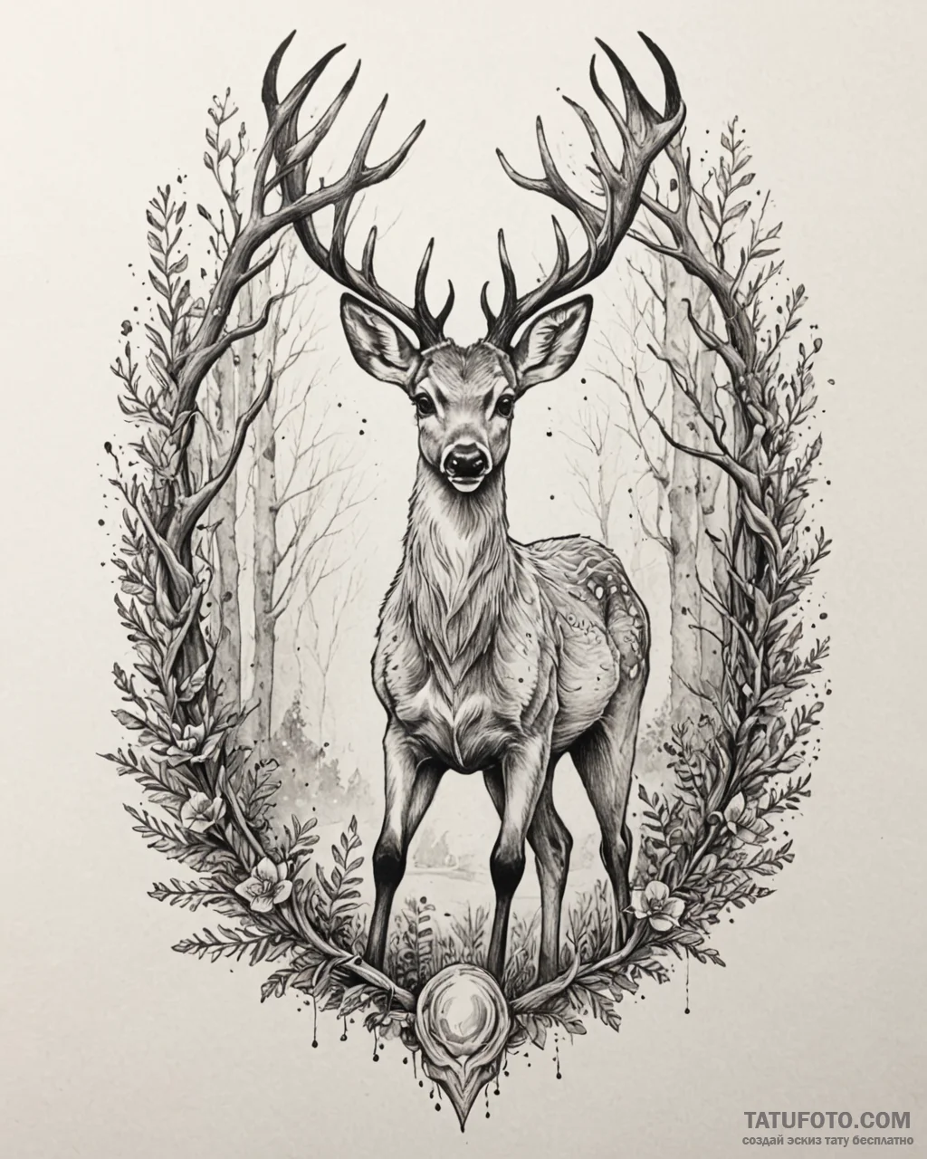 Tattoo sketch, bambi with ethereal glowing ey... - эскиз тату (№1753577133_0, 27.07.2025 00:45) — Tatufoto.com