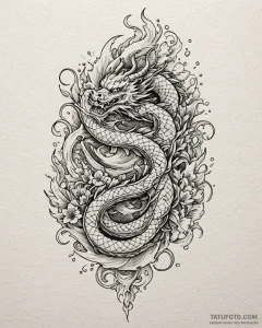 Tattoo sketch, po with dragon scroll glowing,... - эскиз тату (№1753579579_0, 27.07.2025 01:26) — Tatufoto.com