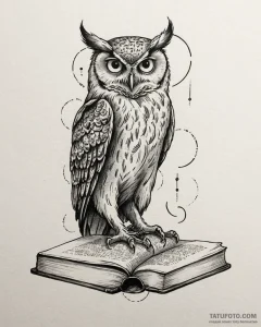 Tattoo sketch, owl perched on ancient book wi... - эскиз тату (№1753583070_0, 27.07.2025 02:24) — Tatufoto.com