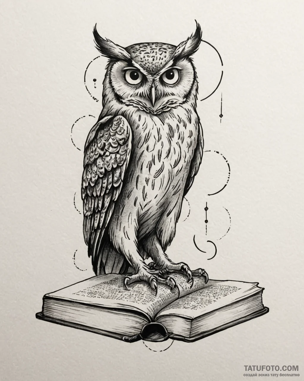 Tattoo sketch, owl perched on ancient book wi... - эскиз тату (№1753583070_0, 27.07.2025 02:24) — Tatufoto.com
