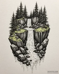 Tattoo sketch, tranquil waterfall cascading o... - эскиз тату (№1753584895_0, 27.07.2025 02:54) — Tatufoto.com
