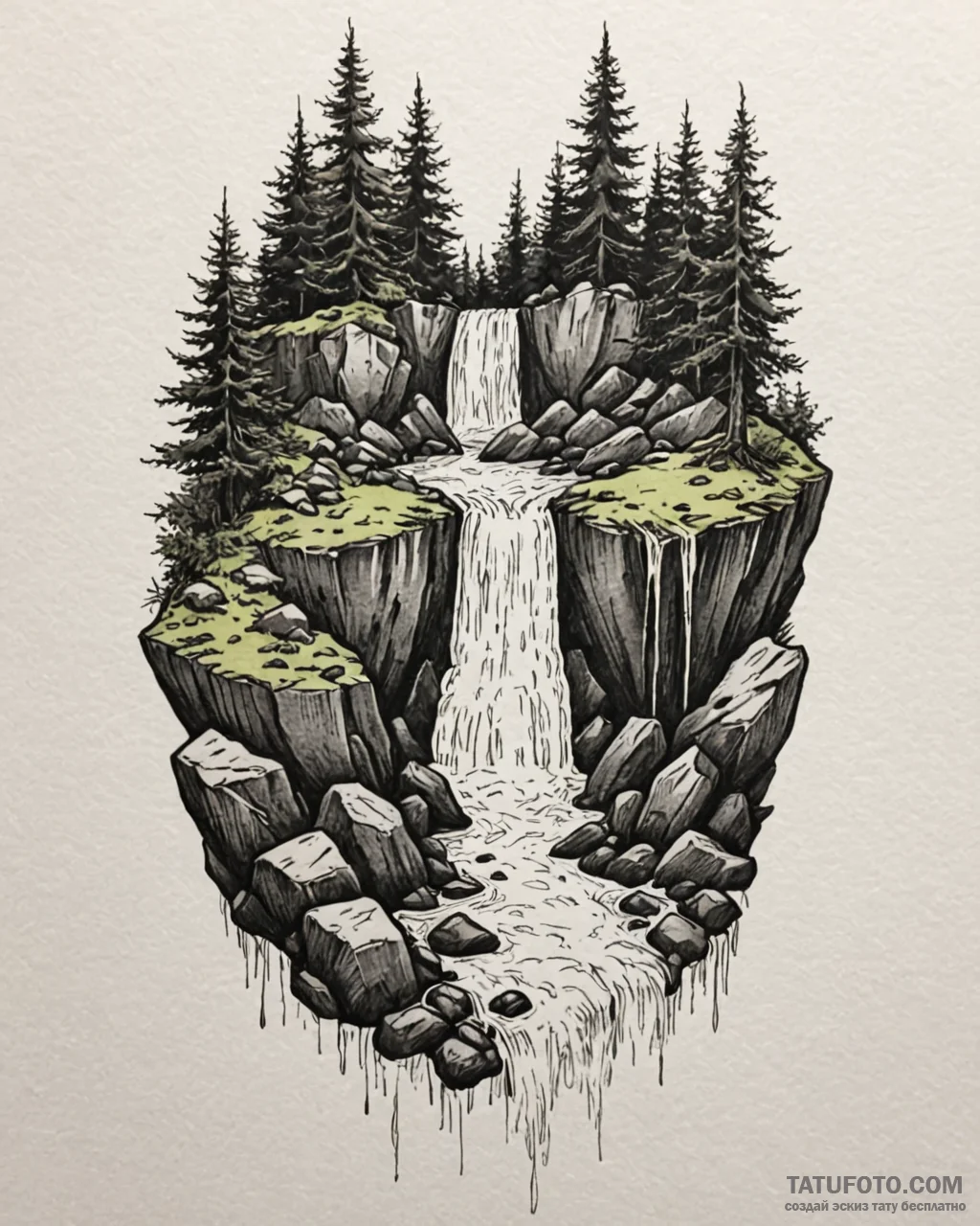 Tattoo sketch, tranquil waterfall cascading o… — эскиз тату (№1753584895_0, 27.07.2025 02:54) — Tatufoto.com