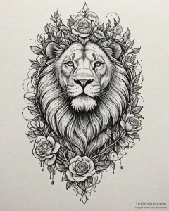 Tattoo sketch, lion crowned with vines and bl... - эскиз тату (№1753585722_0, 27.07.2025 03:08) — Tatufoto.com