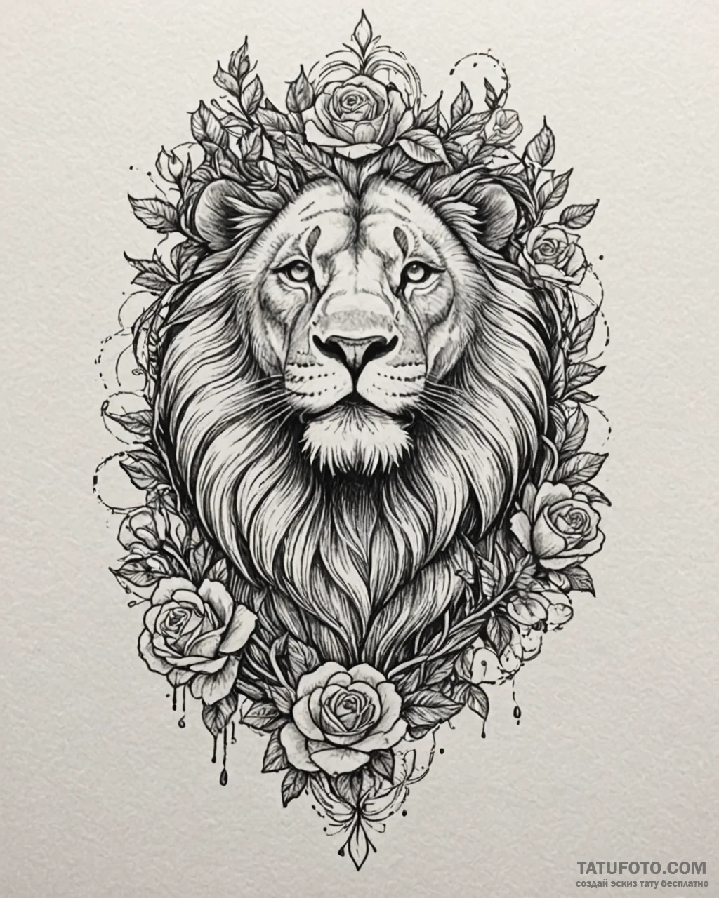 Tattoo sketch, lion crowned with vines and bl... - эскиз тату (№1753585722_0, 27.07.2025 03:08) — Tatufoto.com