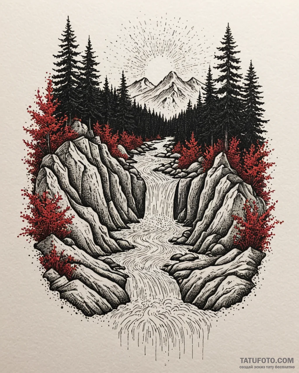 водопады и реки, ink illustration for tattoo,... - эскиз тату (№1753586137_0, 27.07.2025 03:15) — Tatufoto.com